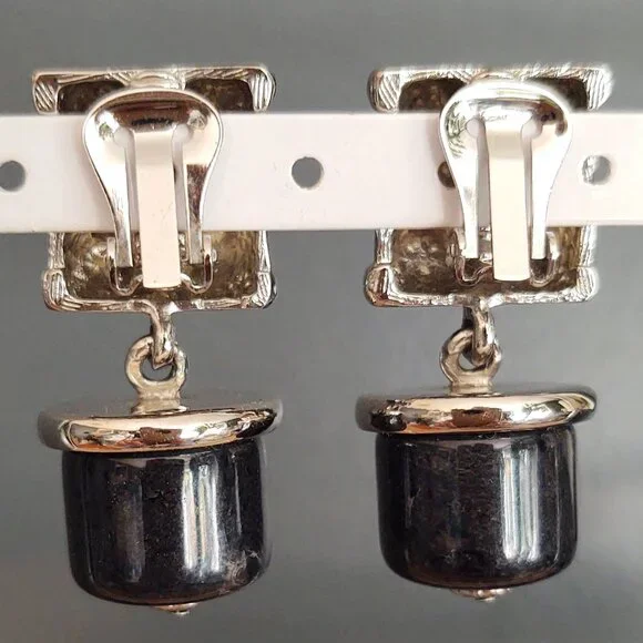 Vintage chunky silver and dark gray clip on earrings with cz accents - Picture 2 of 9